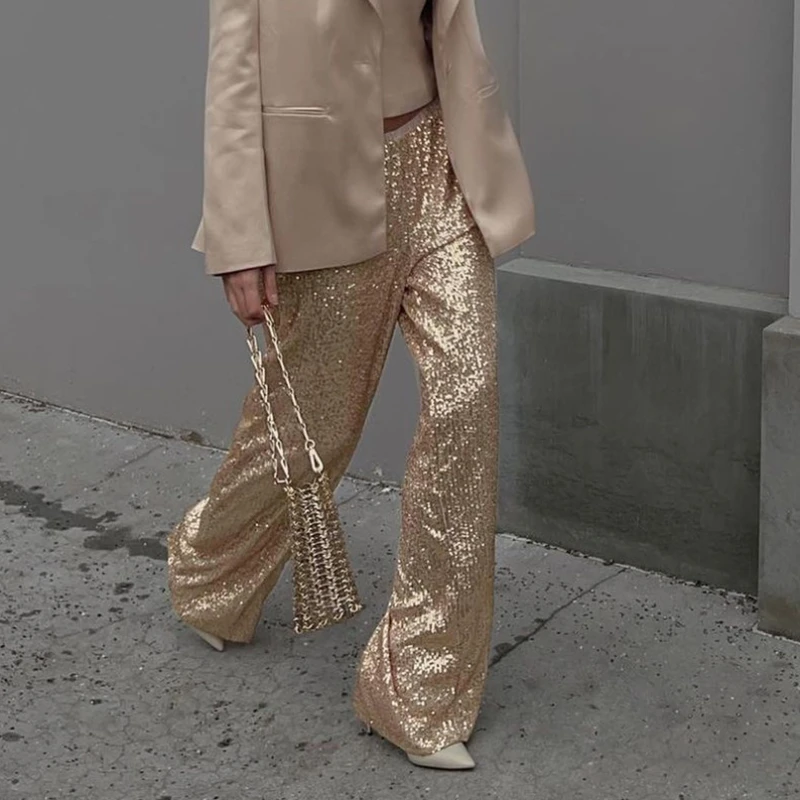 

iny Sequin Pants High Waist Straight Leg Floor Length Dance Performance Women's Glittery Pants Sparkling Casual Trousers
