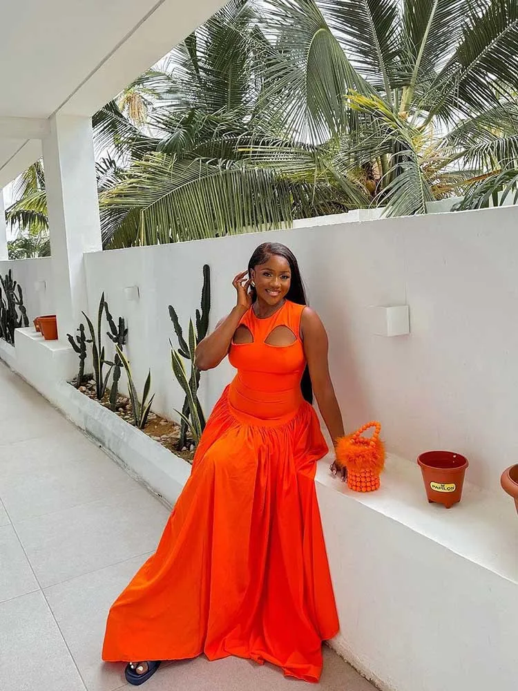 فستان طويل مجوف للنساء ، طويل ، جميل ، برتقالي ، أنيق ، حفلة ، بيع بالجملة ، دروبشيبينغ ، الصيف
