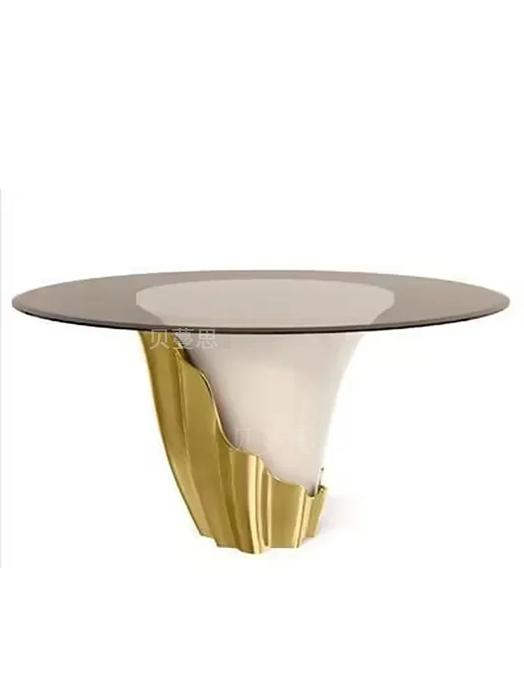 Italian light luxury toughened grey glass table petal-shaped household stainless steel round table modern simple dining table