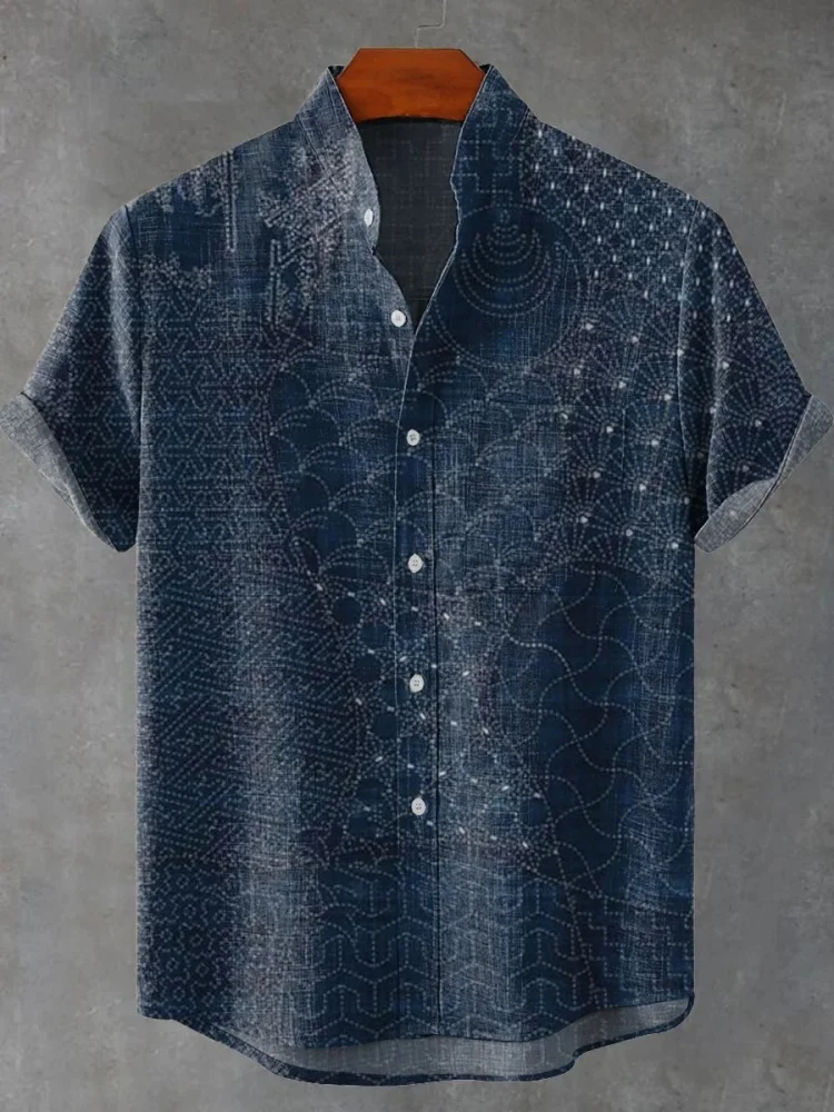 

Office Wear Men's Japanese Traditional Sashiko Art Vintage Print Casual Shirt Summer Buttons Short Sleeve Stand Collar Chic Tops