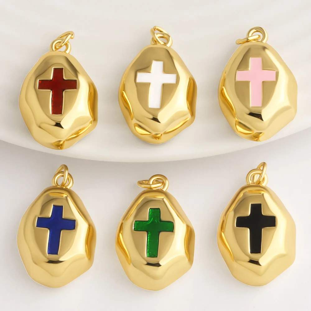 OCESRIO Colorful Enamel Cross Irregular Nugget Necklace Pendant Copper Gold Plated Catholic Jewelry Making Supplies pdtb107