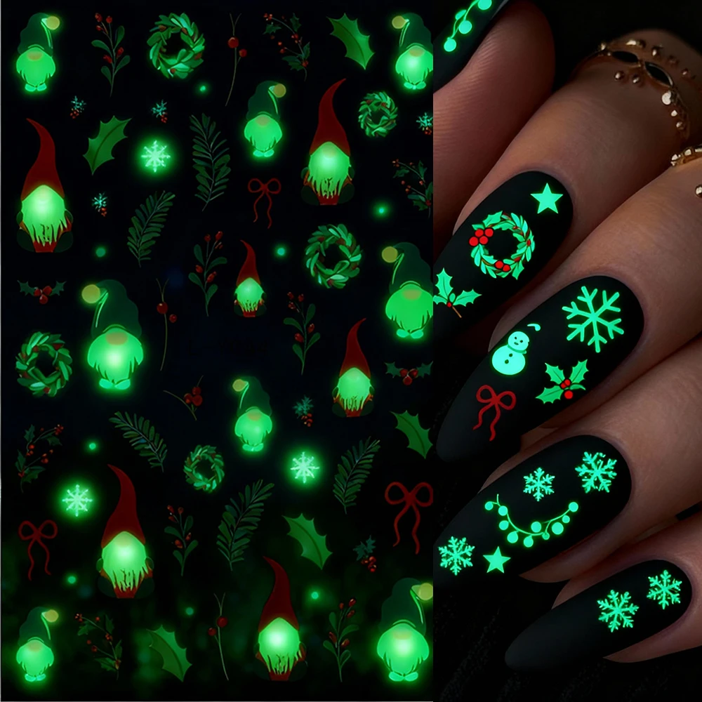 3D New Luminous Colored Light Bulbs Christmas Tree Nail Art Stickers Noctilucent Lanterns Snowflakes Santa Claus Nail Decals