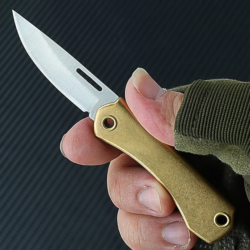 Damascus / D2 Steel Sharp Blade Brass Handle Mini Folding Knife Unlocked Pocket Knife Utility Keychain for Camping and Hiking