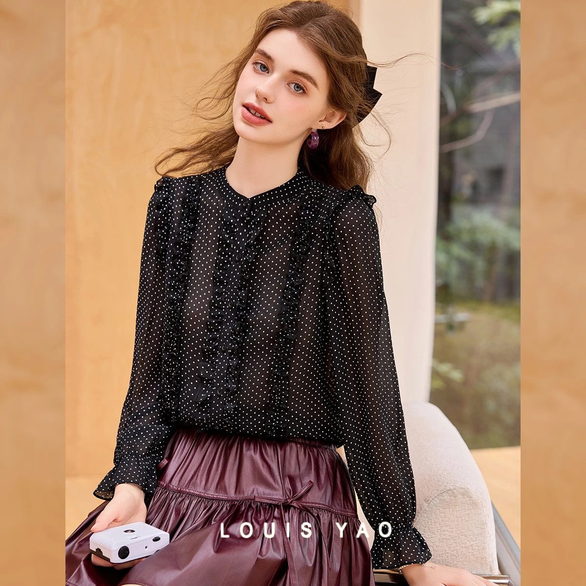 

LOUIS YAO Flounced Edge Patchwork Women's Blouses 2025 Autumn Tops Elegant Cardigan Non-Stretch Round Neck Long Sleeve Shirt