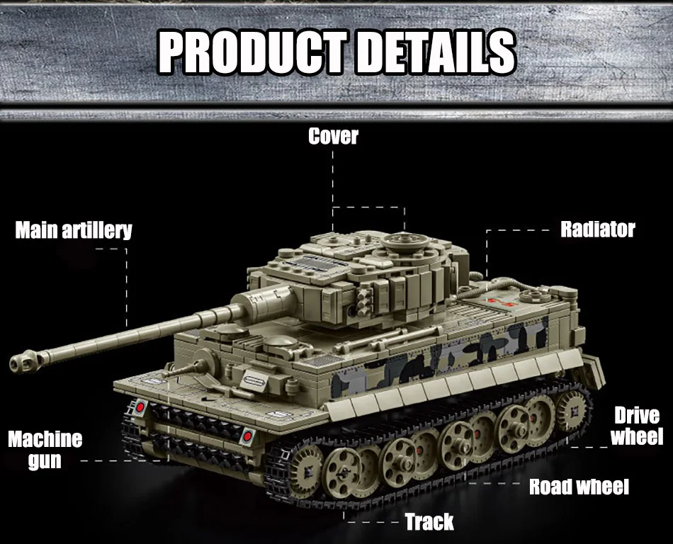 Militärischer MOC Tiger Schwerer Panzer, Armee-Hauptkampfpanzer, Soldatenfiguren, Bausteine, Ziegel-Set, Spielzeug für Jungen, Männer, Geschenke – Detail 5