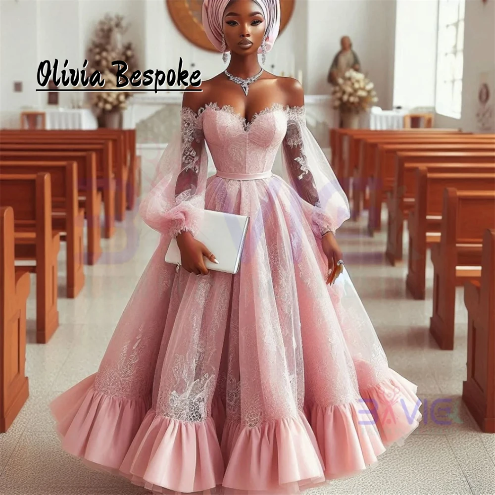 

Three Quarter Lace Puff Sleeves Evening Dresses Ball Gown Puffy African Luxury Dress Woman 2025 Aso Ebi Party Gowns Customized