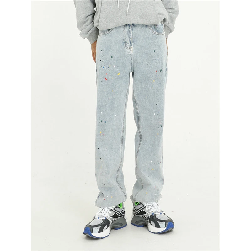 

New Men's Splashed Ink Jeans Loose Straight Leg Blue Jeans Couple's Casual Fashion Youth Popular Spring Autumn Nine-Piece Pants