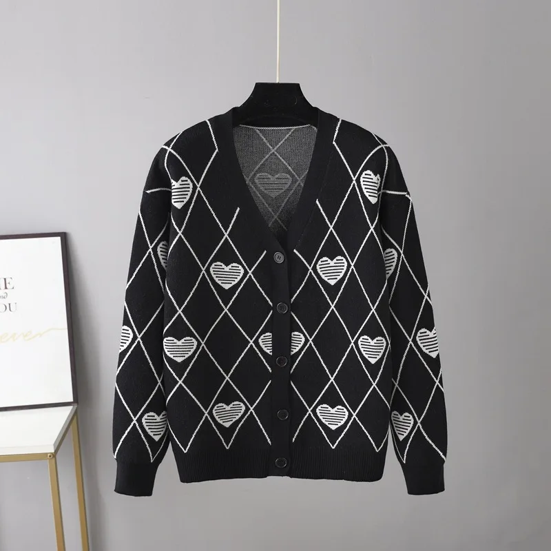 Women‘s Winter Korean Loose Heart Cardigan Sweater Coat Diamond Plaid Long-sleeve Shirt Knitted Thick Cardigan Women Sweater