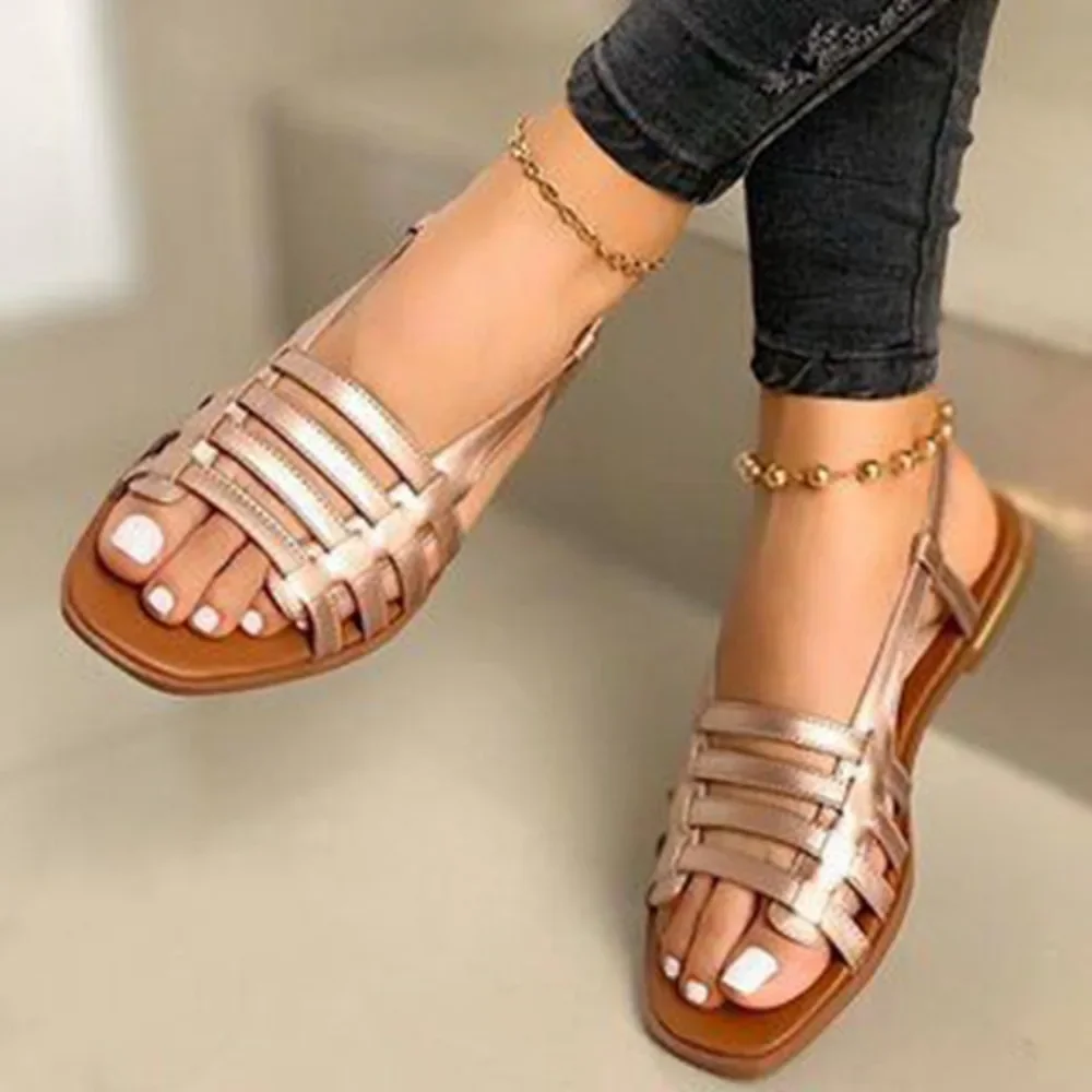 Sandalias romanas ahuecadas para mujer, zapatos de gladiador con punta abierta, planos de playa, talla grande 35-43, 2024