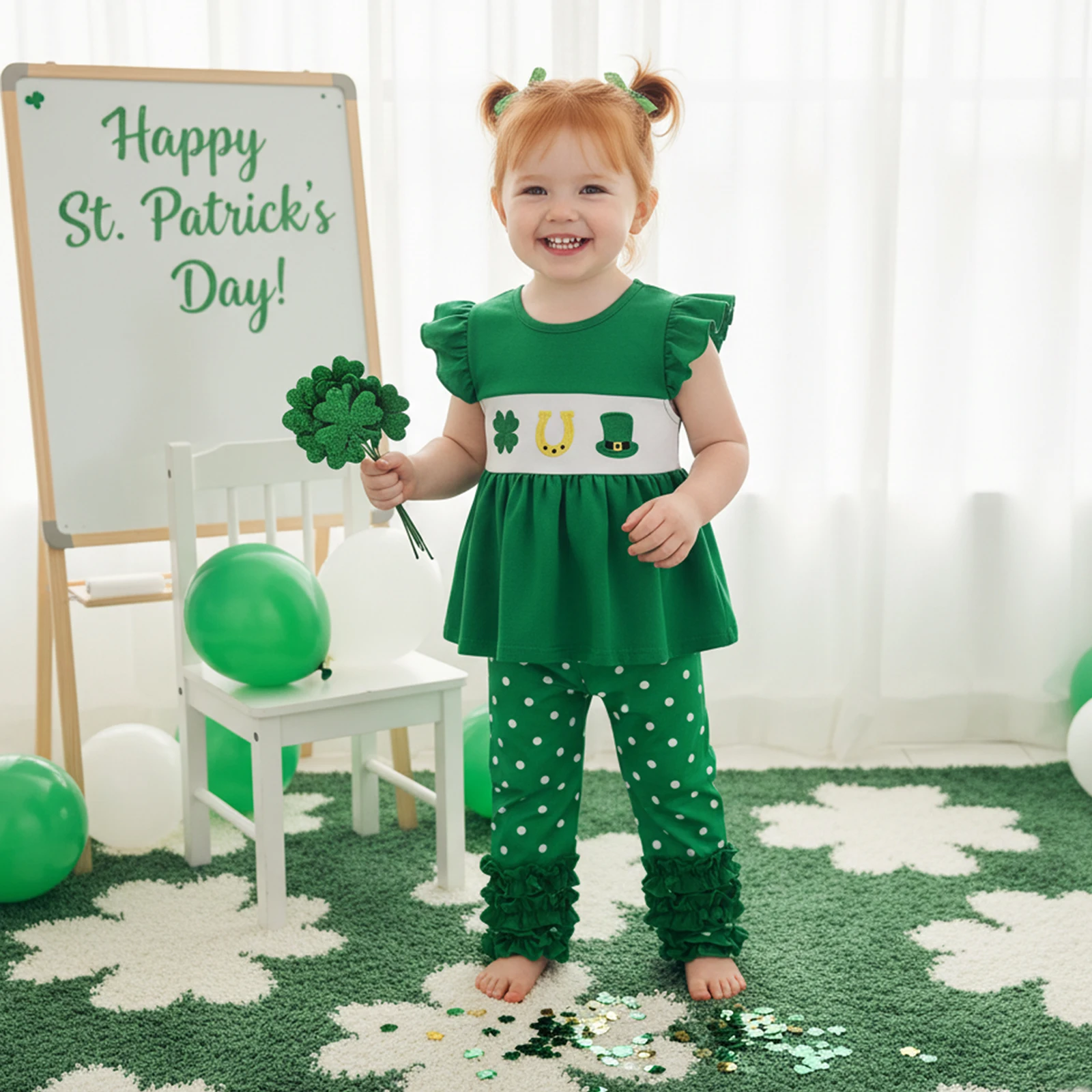 Toddler Girls St. Patrick's Day Set Fly Sleeve Crew Neck Embroidery Tank Top with Dots Print Pants Girls Outfit Set