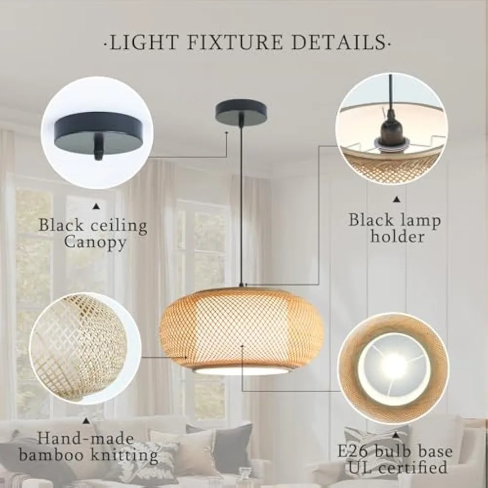 

Bamboo Chandelier E27 Pendant Light Weaving Wooden Ceiling Chandelier for Kitchen Island Teahouse Living Room Bedroom Restaurant