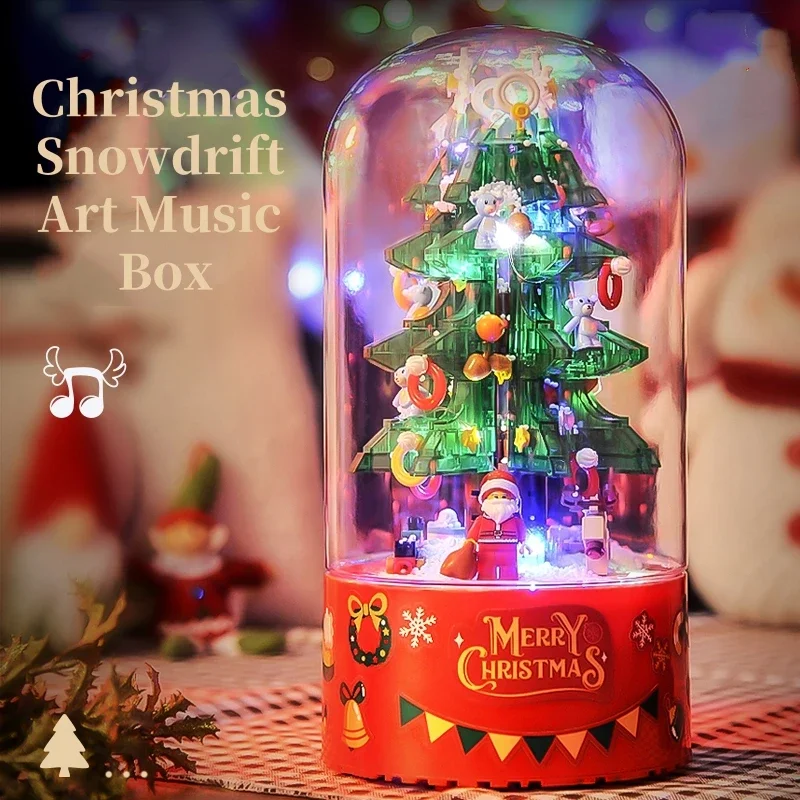 

Rotating Music Candy House Christmas Tree Assembly Building Blocks Small Particle Puzzle Lights Drifting Snow Music Box