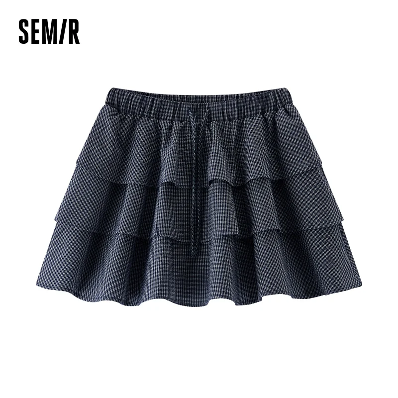 Semir Midi Skirt Women Elastic Waist Temperament 2025 New Summer Lovely Checkered Puffy Cake Skirt Playful for Summer