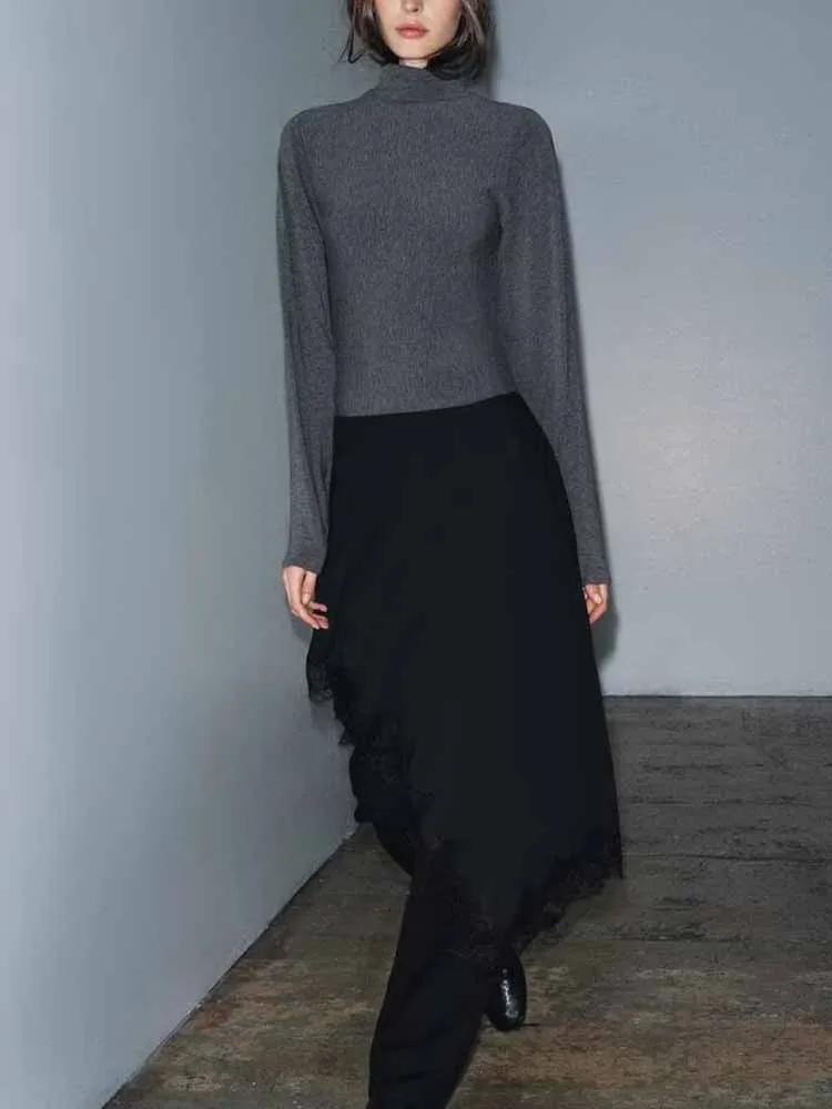 유럽과 미국 스타일의 겨울 신상 여성 패션 심플 캐주얼 다용도 슬림핏 비대칭 레이스 미디 스커트