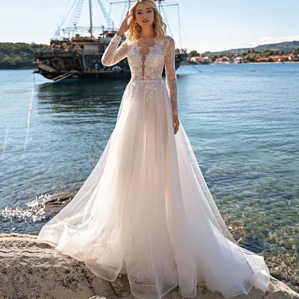 Customized Beach Wedding Dress Long Sleeve V Neck Appliqued Lace Bridal Gown A Line Boho Made To Measures For Women Princes