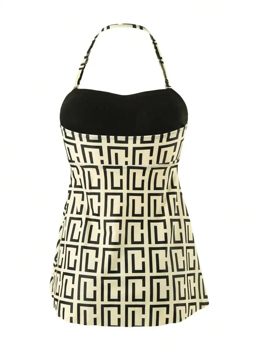 

Women Backless Ruched Hem Printed Tankini Swimsuit For Beach Vacation