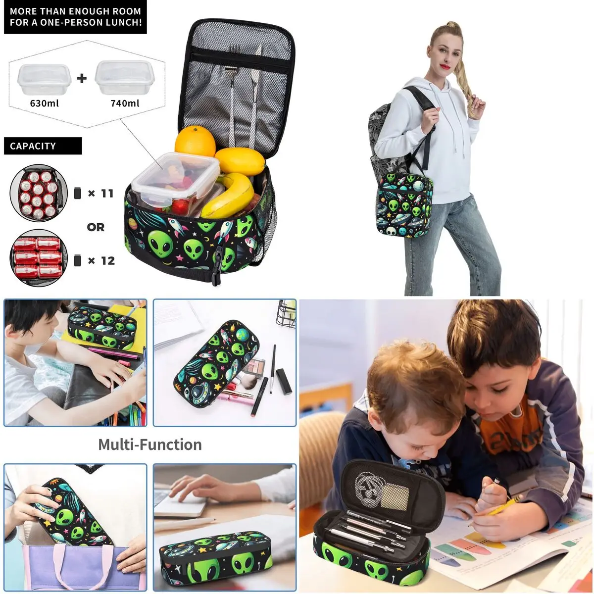 Sacs à dos à motif extraterrestres et ovni pour garçons et filles, cartable d'école pour enfants, sac à dos de dessin animé pour enfants, sac à lunch, sac à stylos, ensemble de 3 pièces