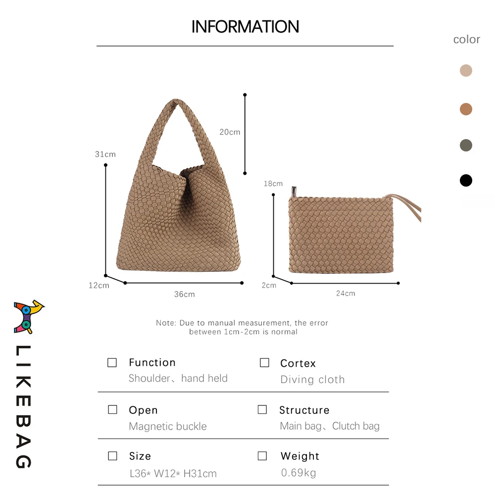 LIKEBAG Fashion Women Woven Bag Shoulder Handbag Neoprene Woven Bag Large Capacity Tote Bag With Woven Clutch Bag