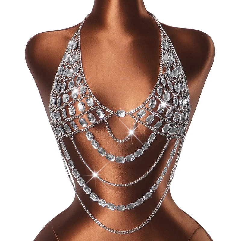 Damen Strass-Körperkette Top mit Neckholder, mehrschichtiges Kristall-Harness-Crop-Top, sexy Edelstein-Cami-Set für Damen – Detail 8