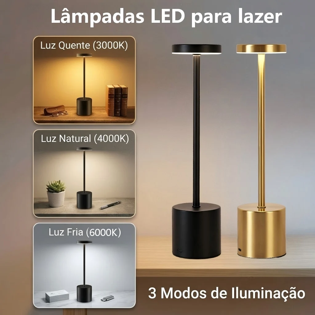 Luminária de Mesa LED com Sensor de Toque, Luz Noturna Recarregável USB, Sem Fio Lâmpada de Leitura Portátil para Quarto, Hotel