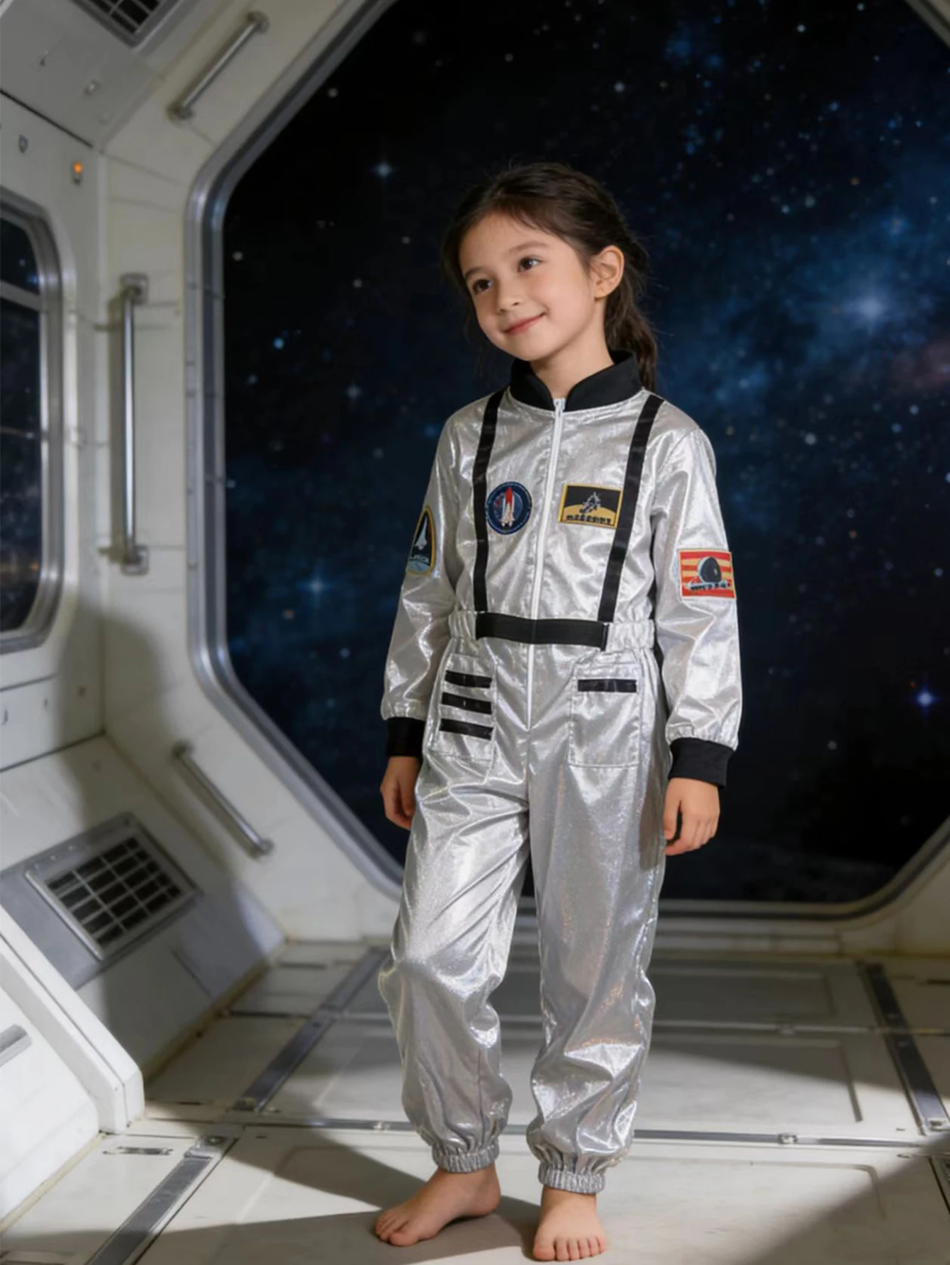 

1 Piece of Girls' Laser Iridescent Silver-White Astronaut Decorative Jumpsuit, Featuring Space Culture Symbols, with a Contrasting Design of "Hardcore × Soft Cuteness" between the Silver-White Base Color and the Background, Suitable for Girls' Halloween H