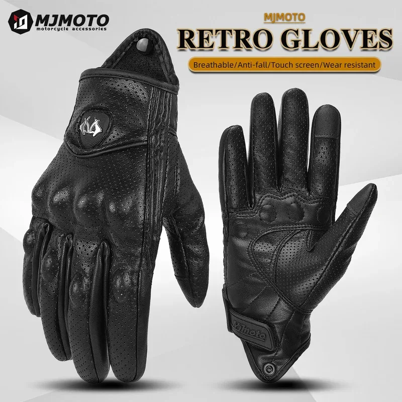 

Vintage Motorcycle Gloves Unisex with Hard Knuckle Protection - Touchscreen PU Leather Perforated for Riding Motorcross Guantes
