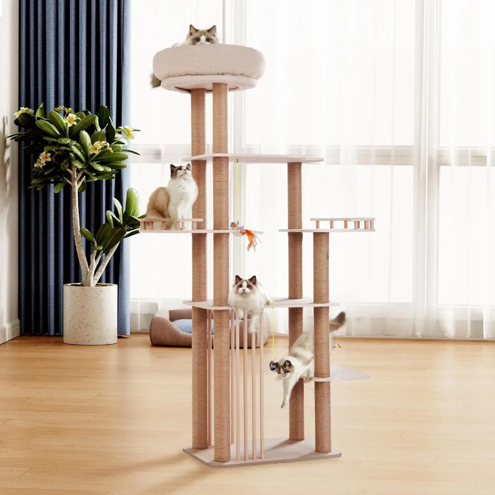 Large Cat Tree Tower, 68Inches High Solid Wood Indoor Cat House, Multi-Level Furniture Activity Centre with Wide Base