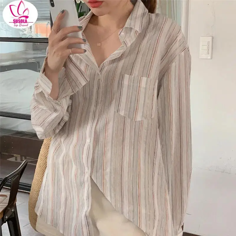 SUSOLA Vintage Striped Shirts Women Korean Fashion Simple Long Sleeve Turn Down Collar Blouse Office Lady Casual Loose Thin Tops