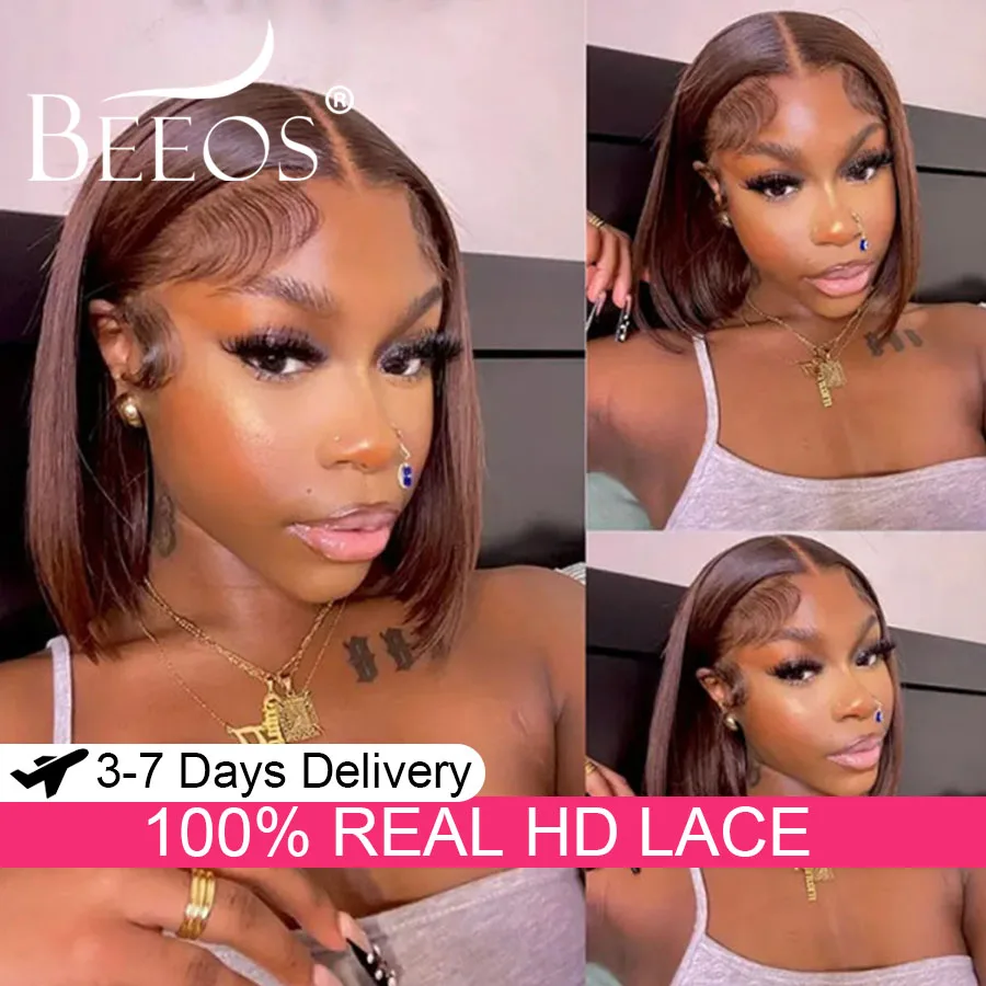 

250% Short Bob Wigs 13X4 HD Lace Full Frontal Wig Human Hair Wigs Chocolate Brown Pre Plucked Melt All Skins Remy hair For Woman
