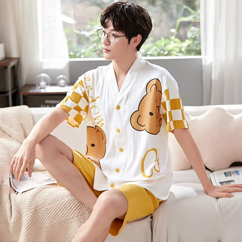 Plus Size Mannen Pijamas Zomer Nieuwe Shorts Kimono Fashion Bear Printing Katoenen Pyjama Set Nachtkleding Vest Leisure Mannen Pyjama