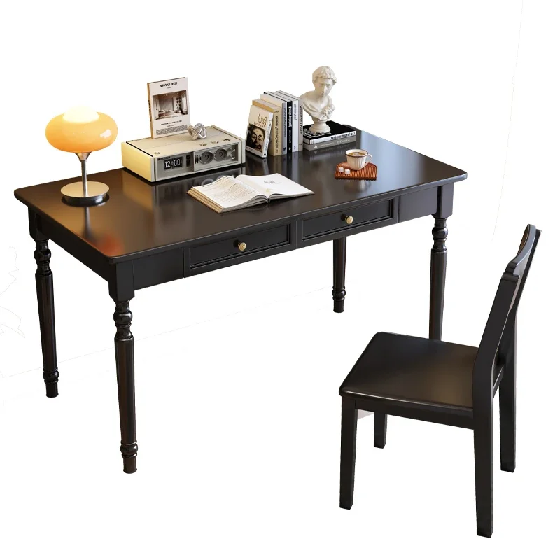 

Черный стол из цельного дерева, американский домашний кабинет, спальня, европейский, французский, ретро, маленькая квартира, компьютерный стол, письменный стол