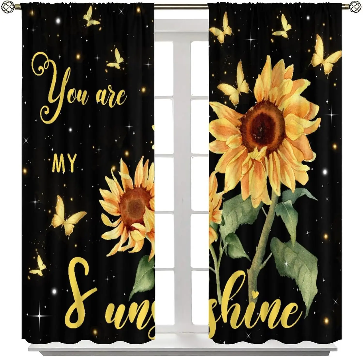 Quote Sunflower Curtain Panels, Golden Butterfly Star Art Print Drapes for Farmhouse Living Room Bedroom Window Home Room Decor