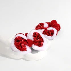 2pcsRed Christmas hair ornament, hair tie, sequin, bow, large intestine hair tie, white plush trim, velour headband