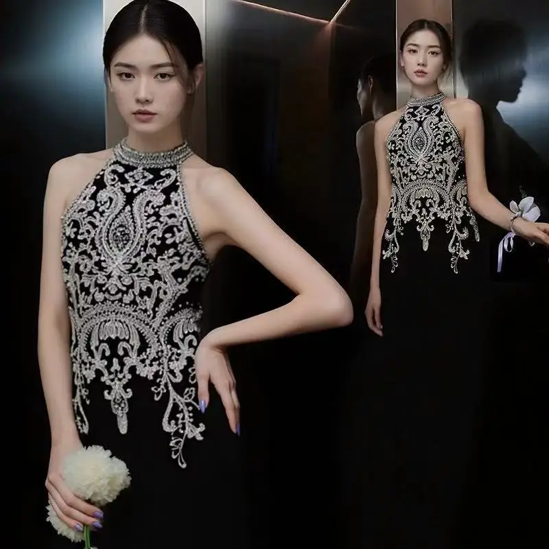 

Gorgeous Sexy Black Mermaid Evening Dress O-Neck Sleeveless Long Fishtail Slim Fit Special Occasion Celebrity Prom Hostess Gown