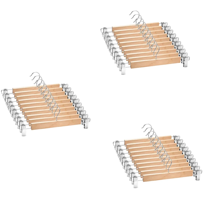 

AB30-30 Pack Wooden Skirt Hangers With Adjustable Clips Non-Slip Trouser Hanger Natural Finish Lotus Wood Pants Hangers 360°