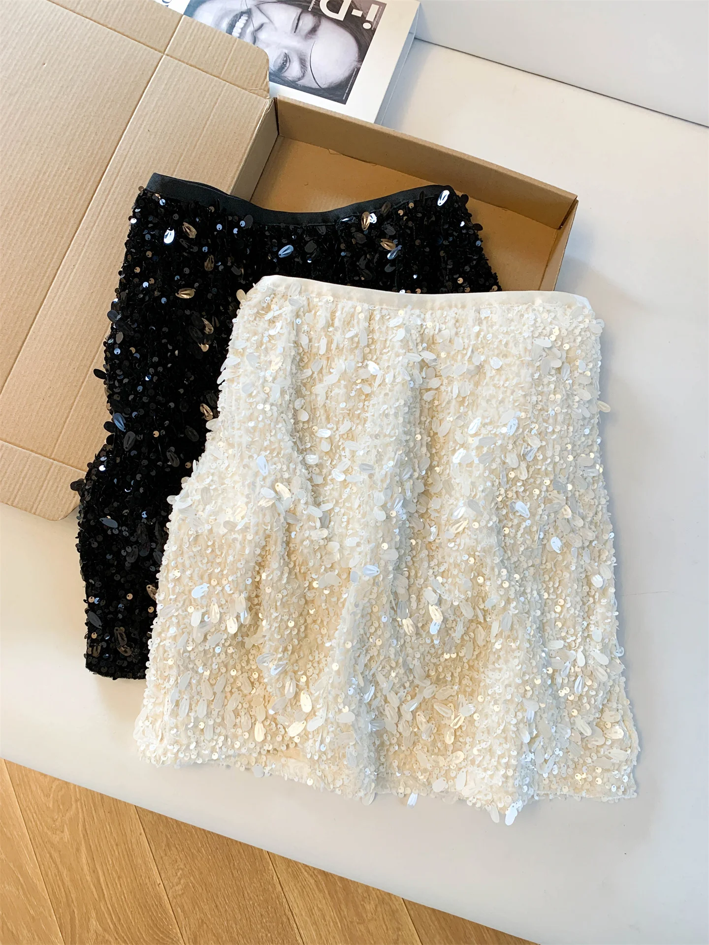 

angHai Sle Glittering Sequin Skirt High Waist A-Line Bodycon ort Skirt Heavy Embelliment Sweet Sle for Autumn ...