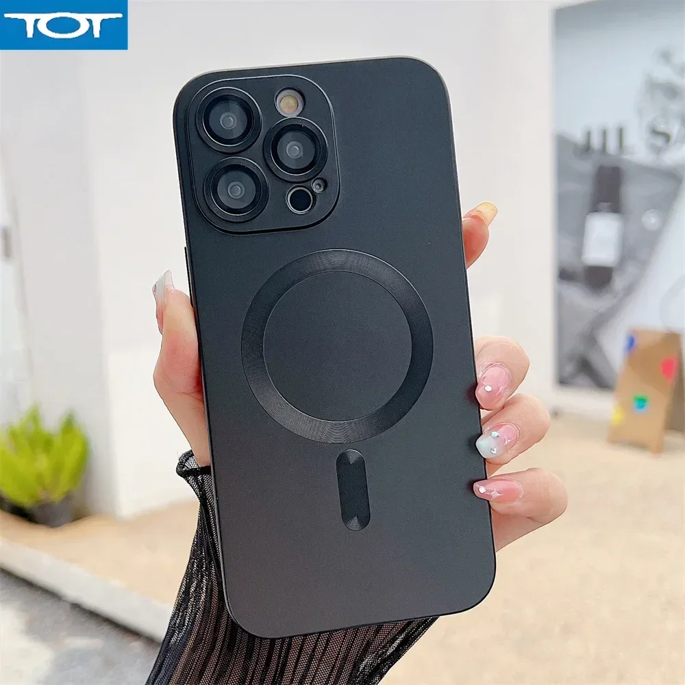 Luxo macio magsafe silicone fosco caso de telefone para iphone 11 12 13 14 15 16 pro max plus amortecedor magnético volta casos capa