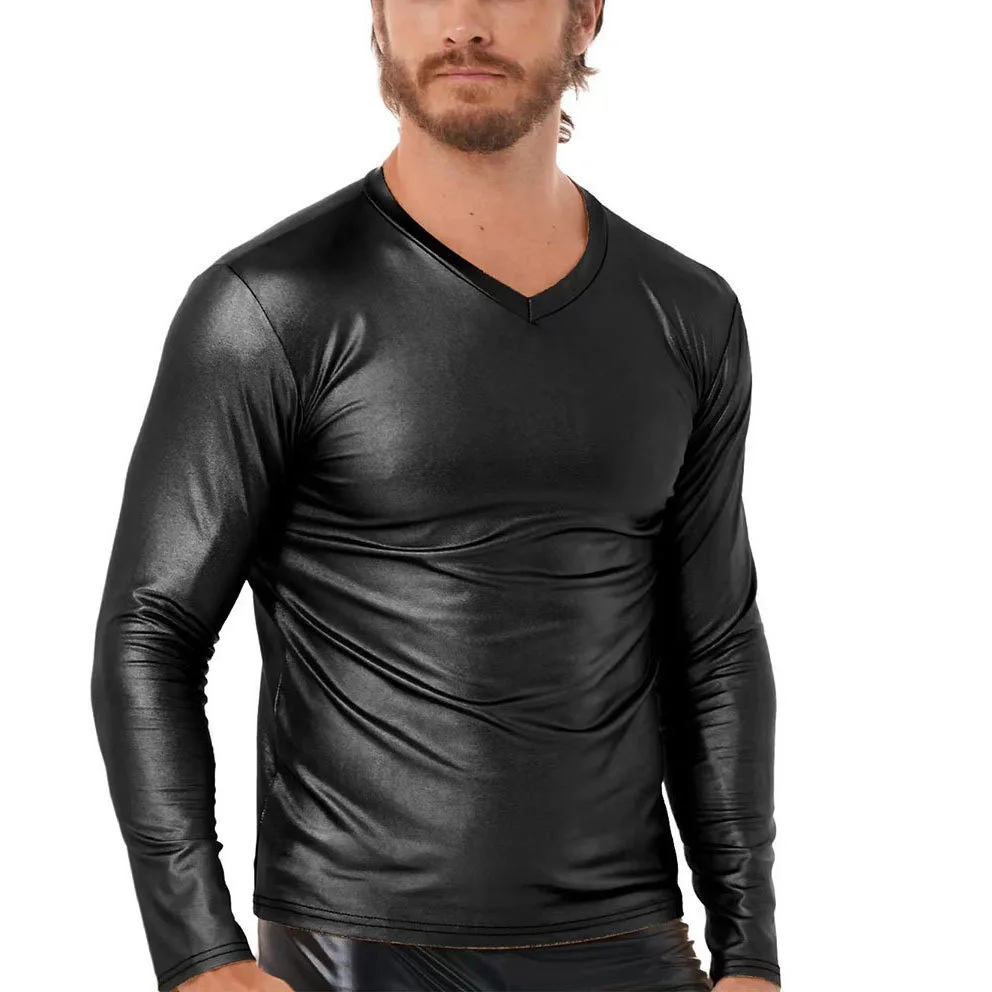 Fashion V-Neck Glossy Long Sleeve T-Shirt Color Fashion Bottom Shirt