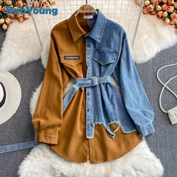 Denim Patchwork LapeL Dress For Autumn Winter, New Korean Version With Slim Waist And Irregular Mid Length Shirt 480g