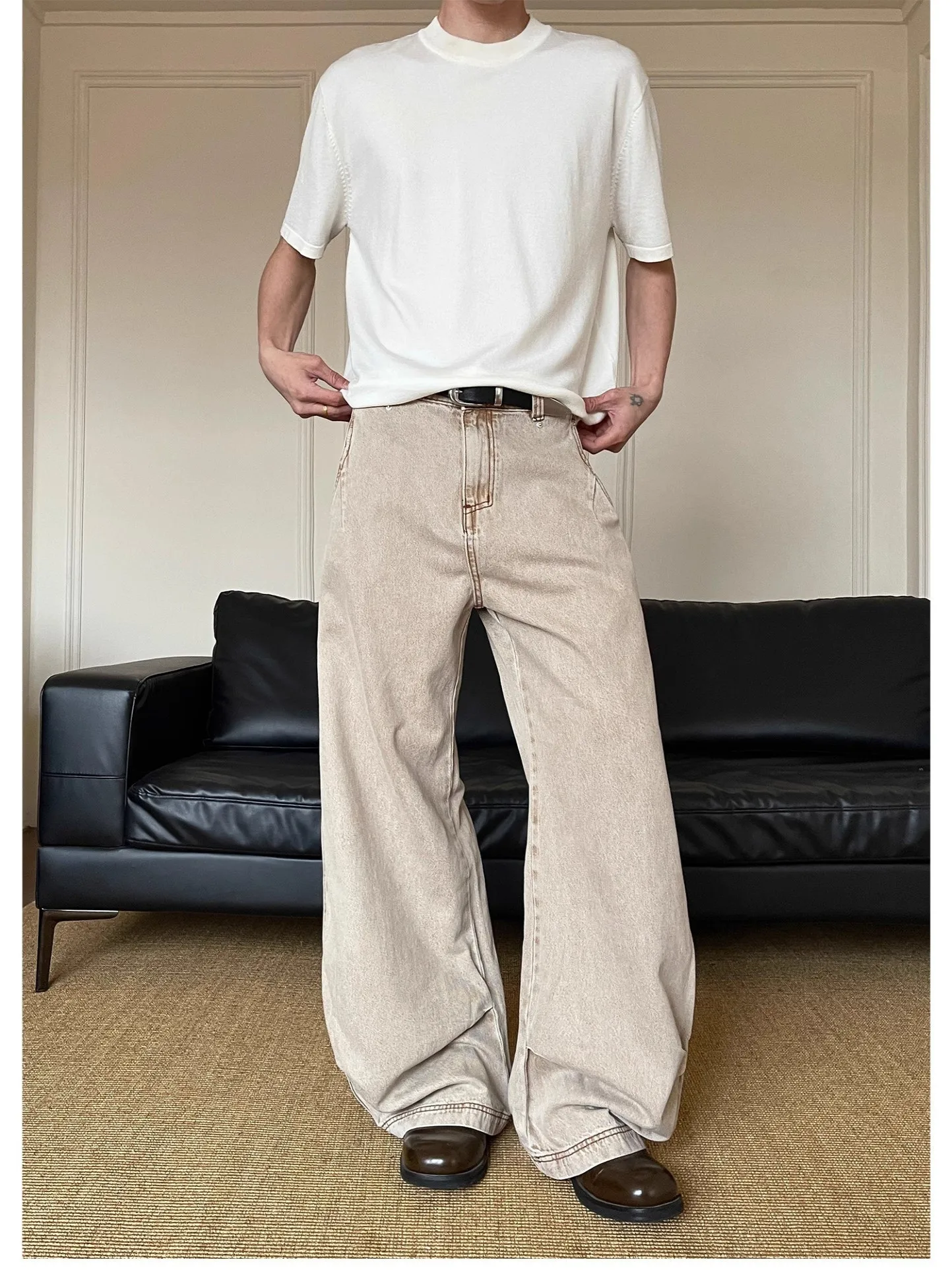 

Американские ретро-джинсы с эффектом потертости, свободные повседневные брюки-леггинсы, длинные штаны для мужчин и женщин, на каждый день, из хлопкового денима