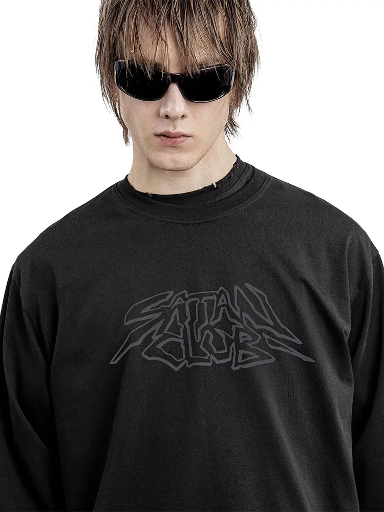 الرجال تي شيرت الشيطان نادي الجرافيك الجمجمة القوطية المتضخم كم طويل بلايز Y2k الشارع الشهير القطن الخريف موضة تيز للجنسين الملابس