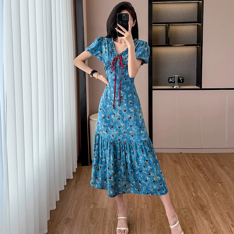 

Hot Girl Tie Dye Lace-up Dress Women's Summer V-neck Slim Fit Floral A-line Long Dress Fashion Female Clothes