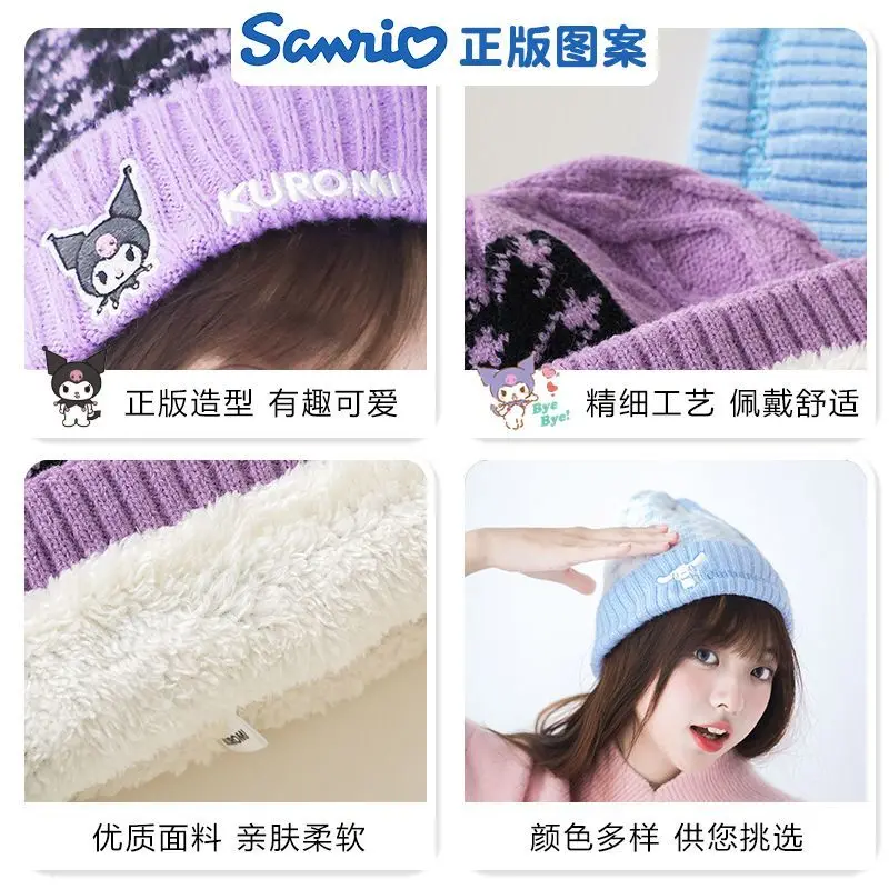 New Sanrios Kuromi embroidered knitted hat Cinnamoroll anime cartoon winter outdoor thickened warm hat cute anime girl gift