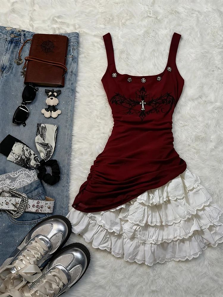 

f-Cherry сливовый винтажный красный топ на бретелях Y2K дизайн жилет для похудения летняя женская верхняя одежда из смеси хлопка стандартного кроя