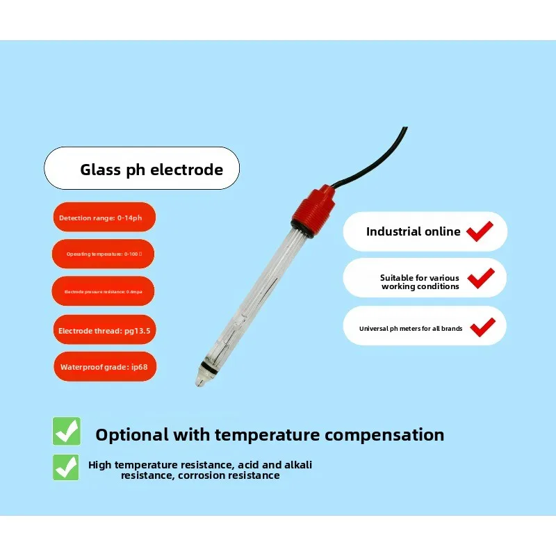 Industrial Online High Temperature Glass pH Electrode, Strong Acid & Alkali Resistant pH Composite Probe, Glass ORP Sensor