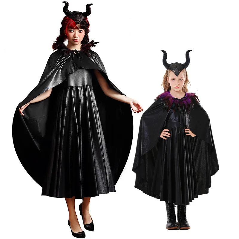 Halloween Fairy tales Evil Witch Queen Cosplay Costume Purim Stage Performance Anime Movie Maleficent Parent-child Fancy Dress