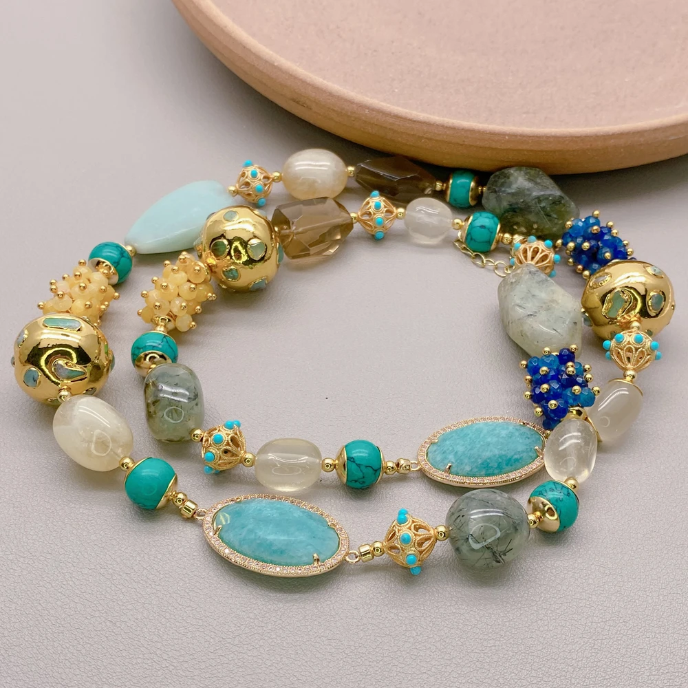 Y·YING Natural Different Shape Natural Amazonitegreen Prehnitesmoky Quartz Chrysoprase Jade Long Necklace