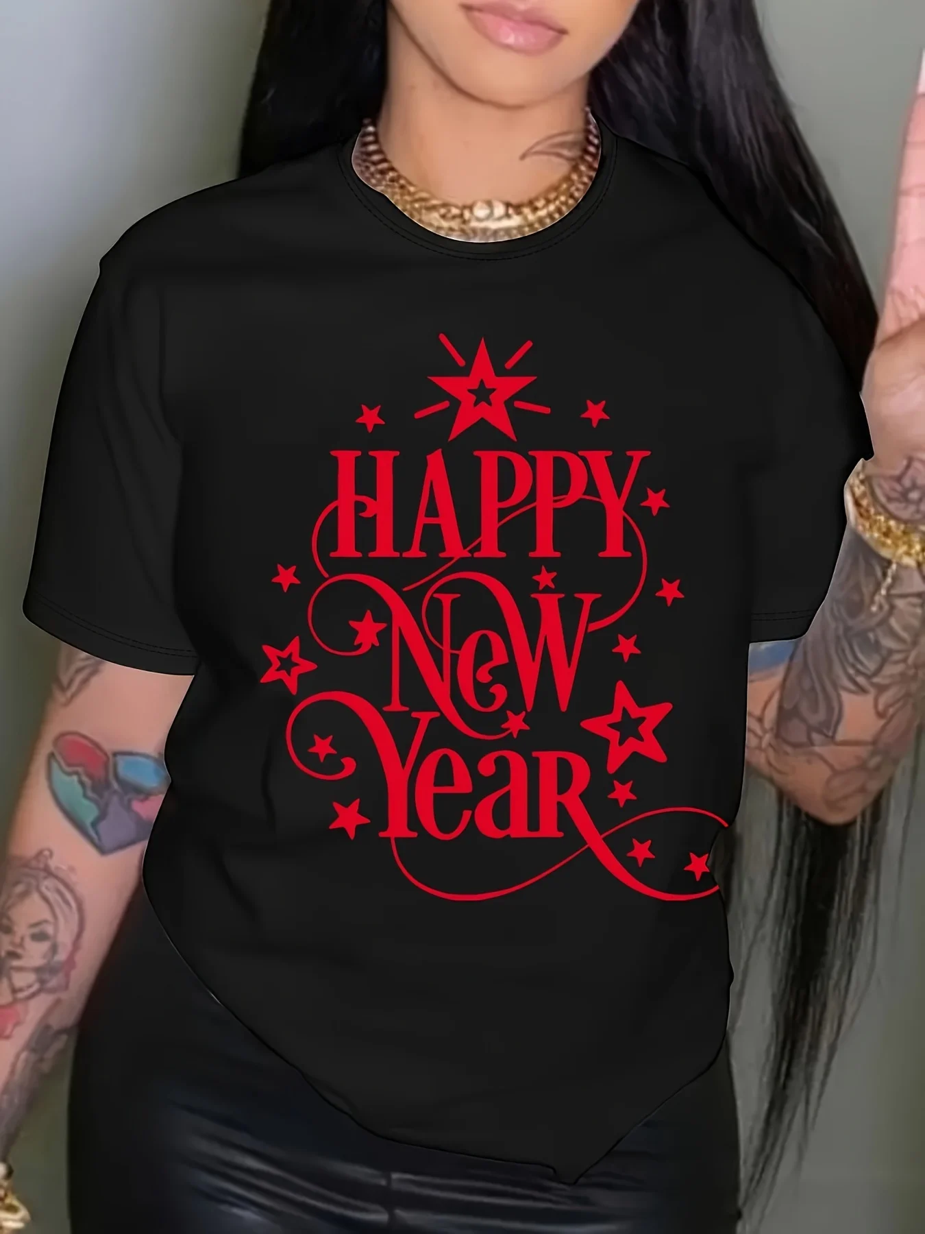 

New Year Letter Print Crew Neck T-Shirt, Casual Short Sleeve T-Shirt For Spring & Summer, Women's Clothing