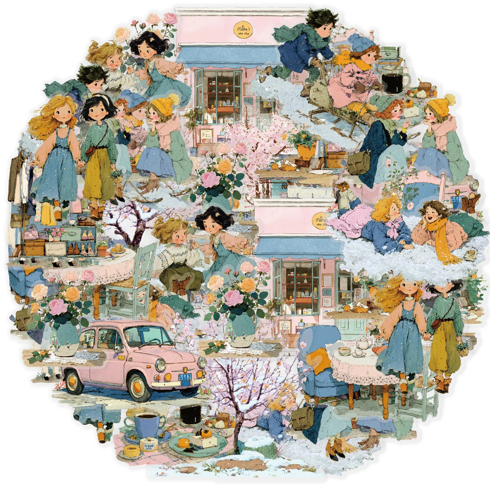 Etori Life Friends Gathering Retro Cute Girl Playing Pattern Winter Theme Stickers DIY Scrapbook Supplies, Notebook, Phone Stickers, Photo Album, Children's Gift Paper Bag, School Supplies, Toy Stickers, Small Gifts, Die-Cut Craft, Waterproof Stickers