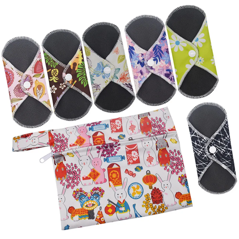 

7pcs Reusable Bamboo Charcoal Sanitary Pads Washable Menstrual Pads With Wings For Postpartum Incontinence Panty Liners Towel